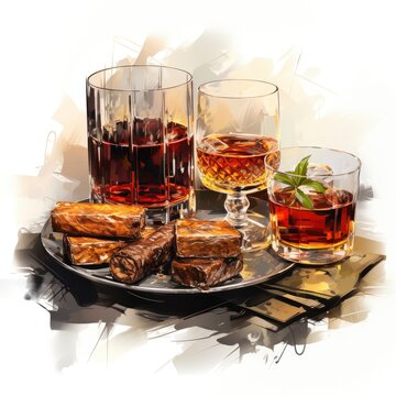 Whiskey And Cigar Pairing Classic Pairing Gourmet, Cartoon Illustration Background