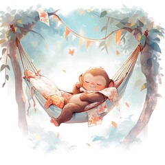 A sleepy baby monkey in a hammock. watercolor illustration.