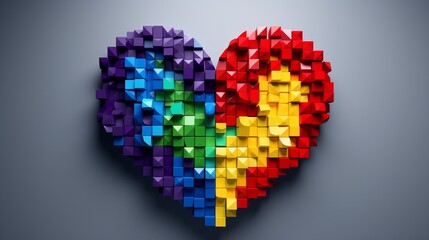 Building a heart-shaped structure out of colorful lego blocks is a child. - obrazy, fototapety, plakaty