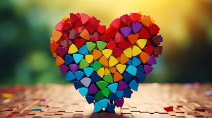 Building a heart-shaped structure out of colorful lego blocks is a child.  - obrazy, fototapety, plakaty