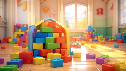 Children's building blocks in bright plastic are all over the floor of the room. The area is disarray. Rtx, a pleasant childhood, and text placement. a warm, 