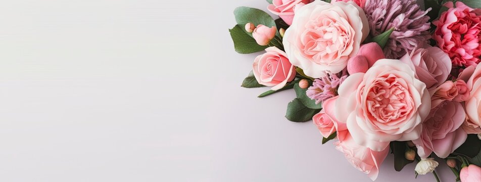 Fresh Bunch Of Pink Peonies And Roses With Copy Space.