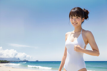 Fototapeta na wymiar 青空をバックに健康的に微笑む白いワンピース水着姿の若い日本人女性