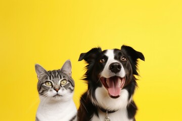 Obraz premium Cat and dog together with happy expressions on yellow background.