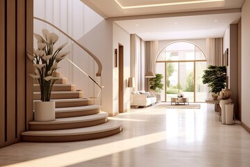 The interior design of the modern entrance hall with a staircase in the villa. - obrazy, fototapety, plakaty