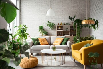 Interior of living room with sofas, tables, and houseplants.