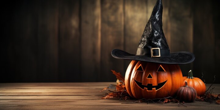 Pumpkin wearing a black witch hat Close-up photos, Halloween-themed empty space. Generative AI.