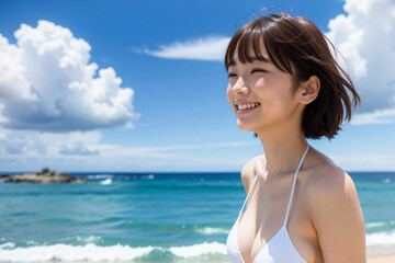 Fototapeta na wymiar 青空をバックに健康的に微笑む白いビキニ姿の若い日本人女性