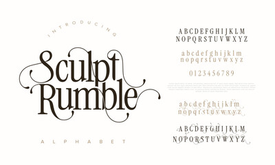 Sculptrumble premium luxury elegant alphabet letters and numbers. Elegant wedding typography classic serif font decorative vintage retro. Creative vector illustration