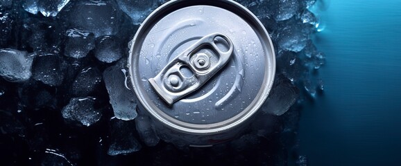 Top of drink tin can iced submerged in frost ice, metal aluminum beverage.