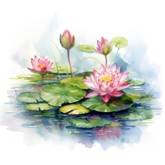 Water Lily in Pond. Watercolor design.