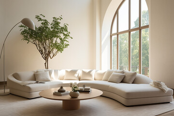 Curved Sofa against the Arched Window. A Minimalist Home Interior Design of a Modern Living Room. Generative AI