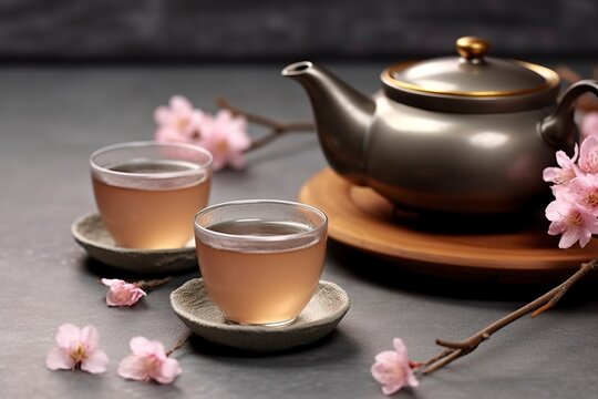 Traditional ceremony. Cups of brewed tea, teapot and sakura flowers on grey table.