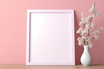 Blank Picture Frame Mockup. Pastel Pink Wall. Copy Space. Generative AI
