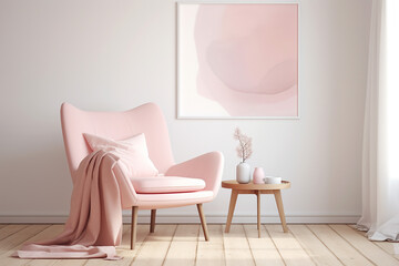 Pastel Pink Lounge Chair with a Blanket against an Ivory Wall with an Art Poster. Generative AI