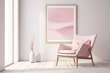 Pastel Pink Lounge Chair with a Blanket against an Ivory Wall with an Art Poster. Generative AI
