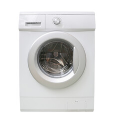 White Washing Machine Isolated on a White Background. Front Load Washer Machine with Electronic Control Panel. Home Appliances