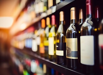 Abstract blur wine bottles on liquor alcohol shelves in supermarket store background.