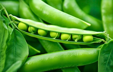 Close up of peas in pea pod.