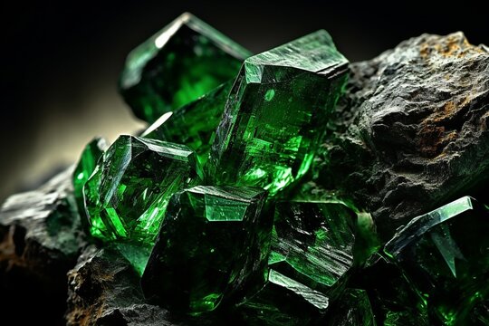 Generative AI : macro shooting of natural mineral stone - raw chrome diopside (green diopside, Siberian emerald) gemstone isolated on white background