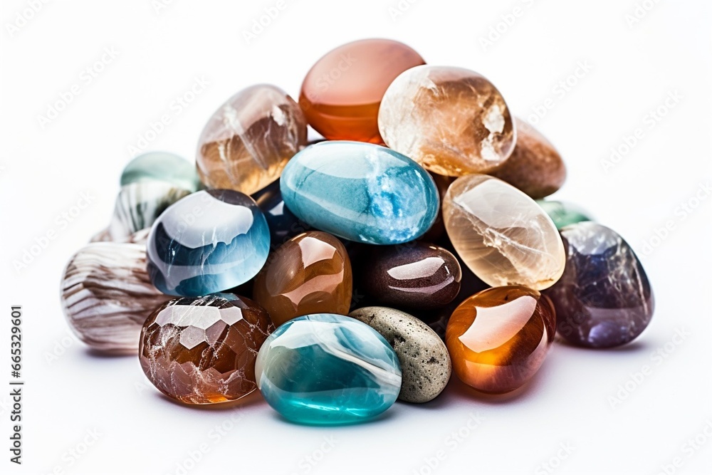 Aufkleber generative ai : a close-up focus stacked image of a variety of tumbled rocks to include agates, jasp