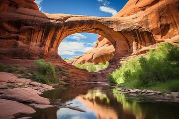 Natural stone arch in picturesque Coyote Gulch, part of Glen Canyon National Recreation Area in Utah. Generative AI - obrazy, fototapety, plakaty