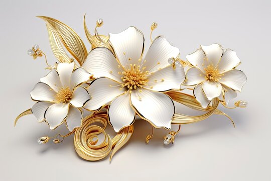 3d gold flowers white backgroung.