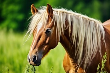 Brown horse with blond hair eats grass on a green meadow detail from the head.