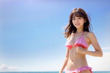 Naklejka premium 青空をバックに健康的に微笑むピンクのフリルビキニ姿の若い日本人女性