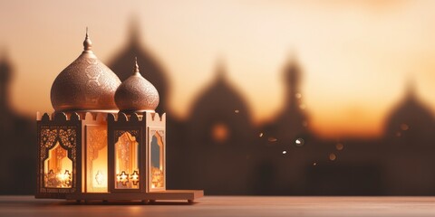 Celebration of islamic eid mubarak and eid al adha lantern in a light background.