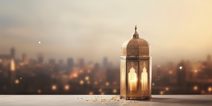 Celebration of islamic eid mubarak and eid al adha lantern in a light background.