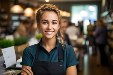 happy  young and attractive saleswoman, cashier serving customers,Smiling, The concept of maintenance and service. - obrazy, fototapety, plakaty
