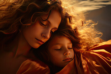 a girl with her mother at sunset light