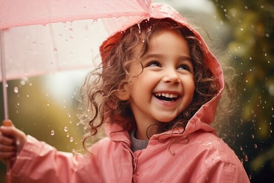 Generative AI : Happy funny child curly black hair with umbrella under the autumn shower. Girl is wearing pink raincoat and enjoying rainfall. Kid playing on the nature outdoors