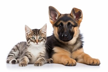 Generative AI : Kitten and a pup together. isolated on white background