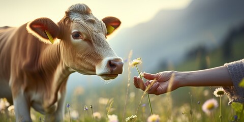 Generative AI : Cow calf eating from man hand funny Farm Animal at alpine green valley summer pasture - obrazy, fototapety, plakaty