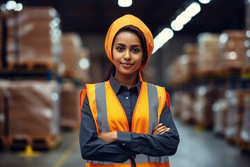Generative AI : Portrait Indian woman worker supervisor with engineer safety suit work in large factory warehouse - obrazy, fototapety, plakaty