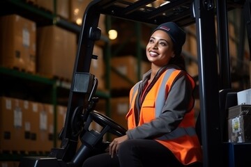 Generative AI : woman worker warehouse forklift driver staff happy smiling enjoy working