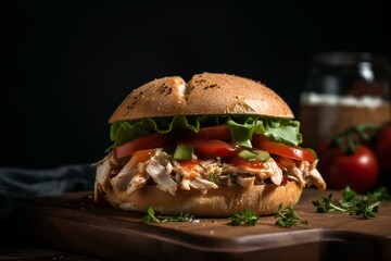 Close-up shot of a delicious spicy turkey sandwich. Generative AI - obrazy, fototapety, plakaty