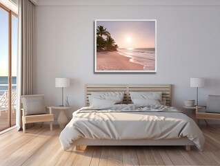 White bedroom on wooden flooring is sitting next to a wicker furniture generative ai