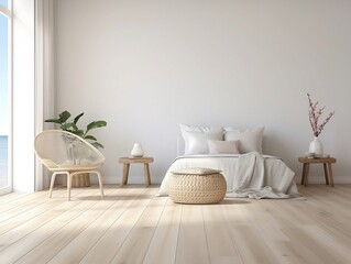 White bedroom on wooden flooring is sitting next to a wicker furniture generative ai