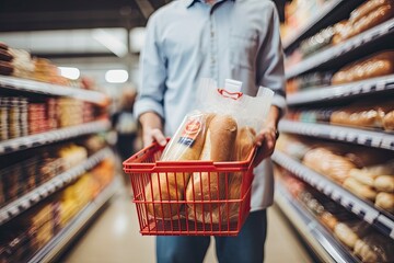 Man holding shopping basket with bread and milk groceries in supermarket. - obrazy, fototapety, plakaty