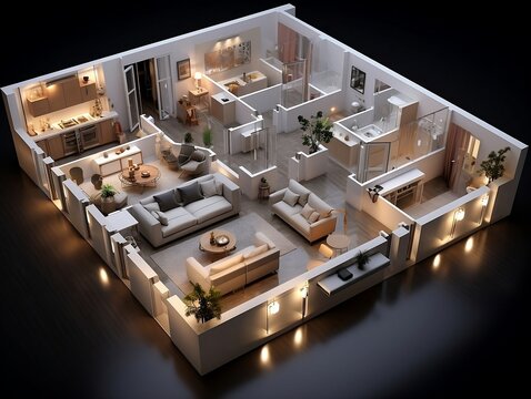 3D floor plan of an open concept living apartment layout home generative ai