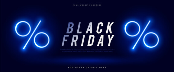modern black friday discount offer banner with glowing percent sign - obrazy, fototapety, plakaty