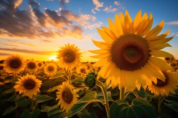 Obraz premium Sunflowers turning toward the sun in the soft morning light.