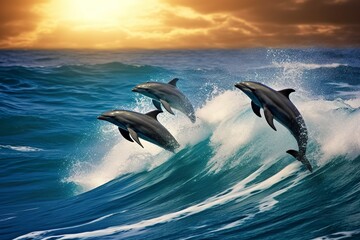 Playful dolphins jumping over breaking waves. Hawaii Pacific Ocean wildlife scenery.