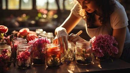 A woman decorating a table with colorful floral arrangements - obrazy, fototapety, plakaty
