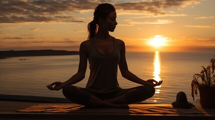 A serene woman practicing yoga on a dock during a picturesque sunset