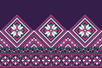 flower embroidery on purple background. ikat and cross stitch geometric seamless pattern ethnic oriental traditional. Aztec style illustration design for carpet, wallpaper, clothing, wrapping, batik.	