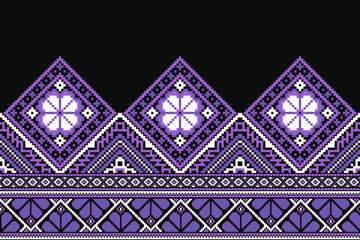 Obraz premium flower embroidery on black background. ikat and cross stitch geometric seamless pattern ethnic oriental traditional. Aztec style illustration design for carpet, wallpaper, clothing, wrapping, batik.